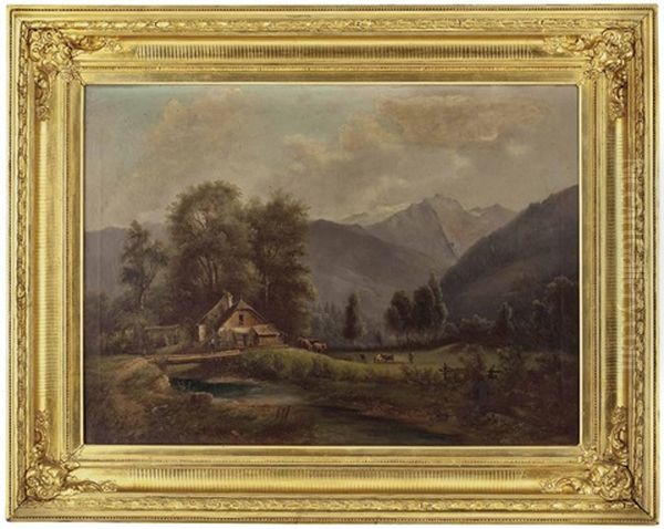 Bauerngehoft Mit Rinderherde In Den Alpen Oil Painting by Gustav Barbarini