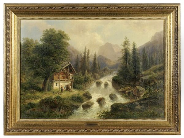 Landschaft Mit Wildbach Und Bauernhaus Im Salzkammergut, Figural Staffiert Oil Painting by Gustav Barbarini