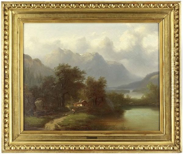 Alpenlandschaft Mit See, Bauernhaus Und Figurenstaffage Oil Painting by Gustav Barbarini