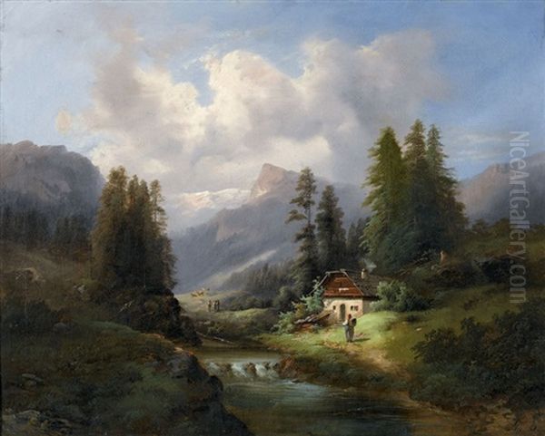 Sommerliche Berglandschaft Mit Bauern Und Einem Haus by Gustav Barbarini