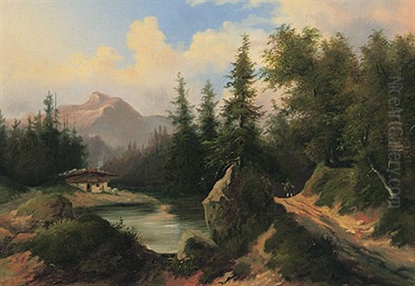 Sommerliche Landschaft In Den Alpen Mit Altem Gehoft An Einem Flusslauf Oil Painting by Gustav Barbarini