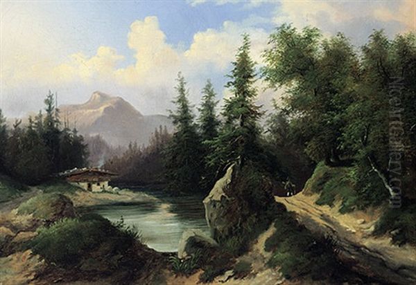 Sommerliche Landschaft In Den Alpen. Altes Gehoft An Einem Flusslauf. Jager Auf Dem Weg Oil Painting by Gustav Barbarini