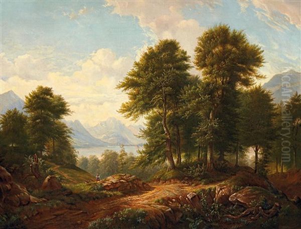 Weite, Gebirgige Landschaft Um Einen Alpensee Oil Painting by Gustav Barbarini