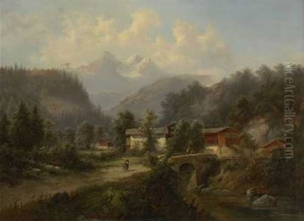 Bauernhauser Am Gebirgsbach Oil Painting by Gustav Barbarini