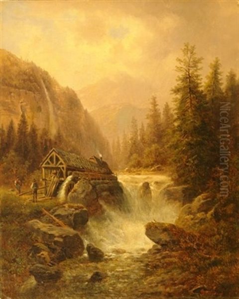 Am Wildbach. Blick Auf Alpine Waldlandschaft Mit Sagemuhle An Einem Wasserfall Oil Painting by Gustav Barbarini