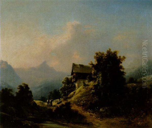 Gebirgslandschaft Mit Chalet Und Staffagefiguren Oil Painting by Gustav Barbarini