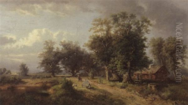 Landschaft Mit Bauernhaus Und Baumen Bei Einem Teich Oil Painting by Gustav Barbarini