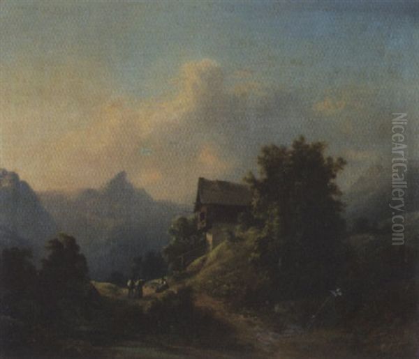 Gebirgslandschaft Mit Chalet Und Staffagefiguren Oil Painting by Gustav Barbarini