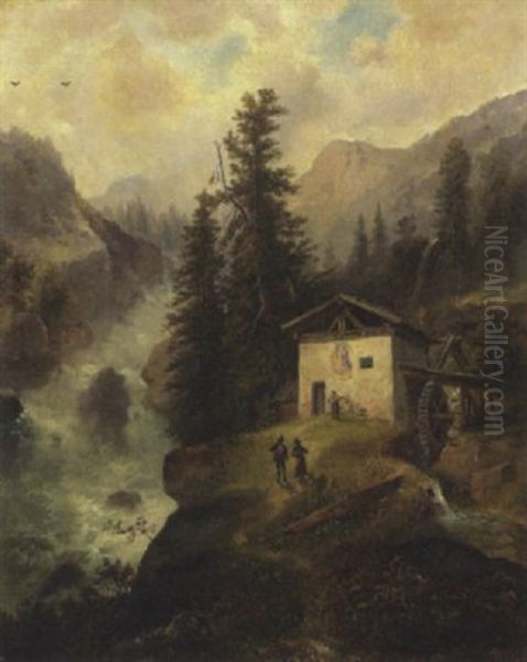 Alte Muhle Am Gischtenden Gebirgsbach Oil Painting by Gustav Barbarini