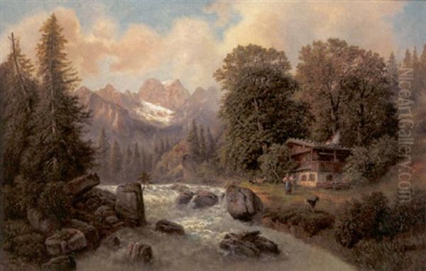 Ziegenhirtin Am Gebirgsflus Oil Painting by Gustav Barbarini