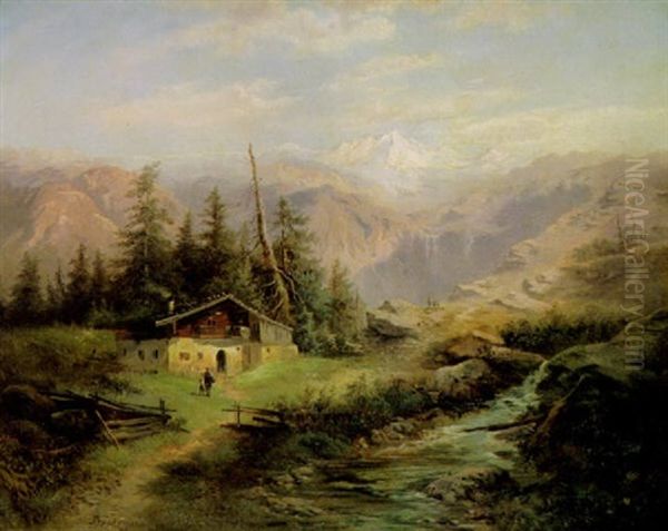 Gebirgslandschaft Mit Gletschermassiv Im Hintergrund Oil Painting by Gustav Barbarini