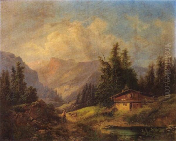 Gebirgslandschaft Mit Figurlicher Staffage Oil Painting by Gustav Barbarini