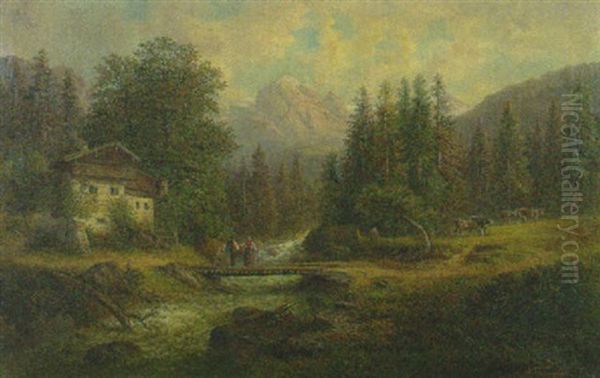 Haus Am Gebirgsbach Mit Konversierendem Landvolk Auf Der Brucke Oil Painting by Gustav Barbarini