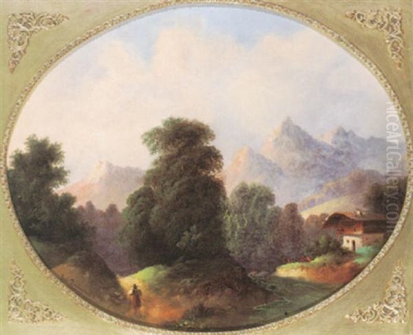 Sommertag Im Hochgebirge Mit Figurenstaffage Und Almhutte Oil Painting by Gustav Barbarini