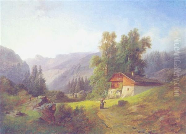 Gebirgslandschaft Mit Figurlicher Staffage Oil Painting by Gustav Barbarini