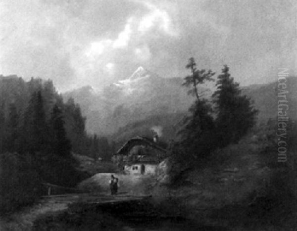 Gebirgslandschaft Mit Chalet Und Staffagefiguren Oil Painting by Gustav Barbarini