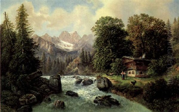 Ziegenhirtin Am Gebirgsflus Oil Painting by Gustav Barbarini