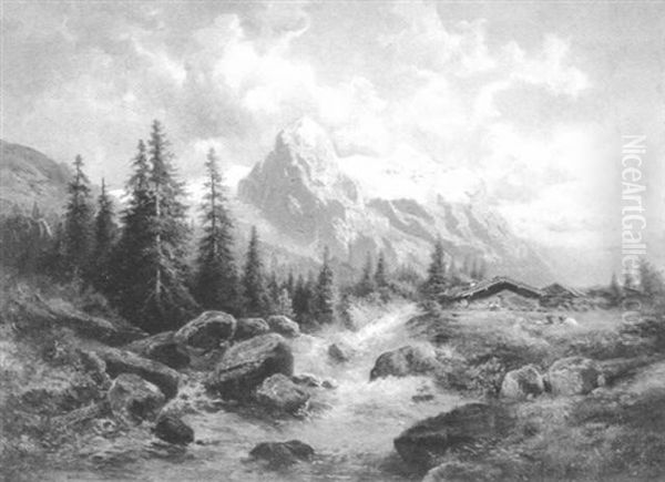 Gebirgslandschaft Mit Bauernhaus Und Figurlicher Staffage Oil Painting by Gustav Barbarini