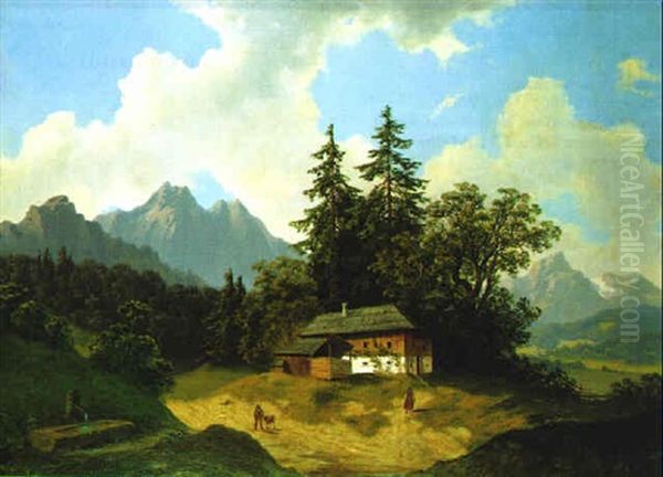 Gebirgslandschaft Mit Bauerngehoft Und Figurlicher Staffage Oil Painting by Gustav Barbarini