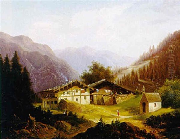 Malerisches Gehoft Auf Einer Hochalm Oil Painting by Gustav Barbarini