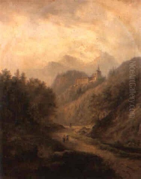 Mountainous Italianate Landscape With Peasants On A Track Oil Painting by Gustav Barbarini