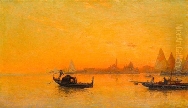 A View Of Venice At Sunset Oil Painting by Mariano Barbasan Lagueruela