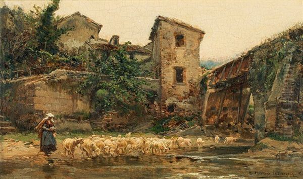 Sheep Flock At A River Oil Painting by Mariano Barbasan Lagueruela