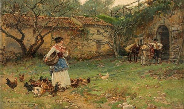 Encounter At The Farm Oil Painting by Mariano Barbasan Lagueruela