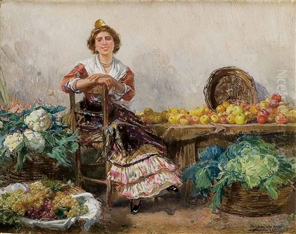 Valenciana Vendiendo Frutas Y Hortalizas Oil Painting by Mariano Barbasan Lagueruela