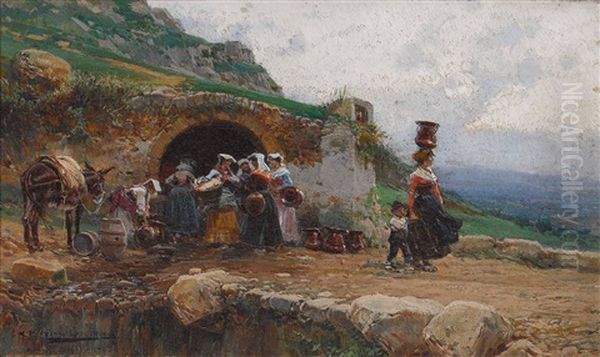 Bauerinnen Beim Wasserholen In Der Campagna Oil Painting by Mariano Barbasan Lagueruela