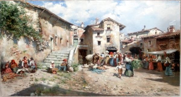 Market Scene Oil Painting by Mariano Barbasan Lagueruela