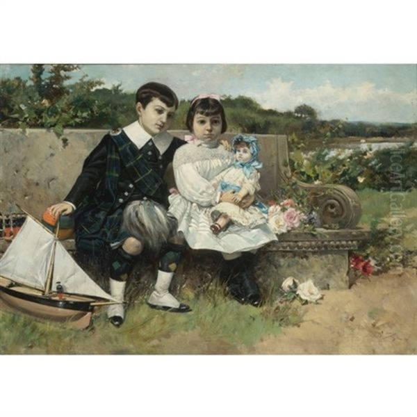 Two Children Seated On A Park Bench Oil Painting by Mariano Barbasan Lagueruela