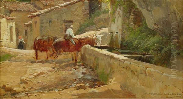 Caballos En La Fuente Oil Painting by Mariano Barbasan Lagueruela