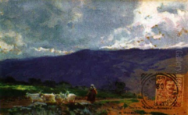 Paisaje De Anticoli Con Pastora Y Cabras Oil Painting by Mariano Barbasan Lagueruela