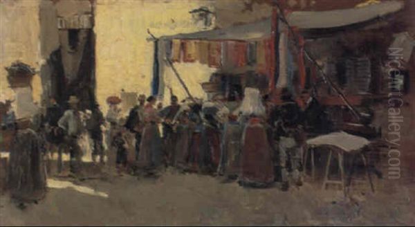 A Spanish Street Market Oil Painting by Mariano Barbasan Lagueruela