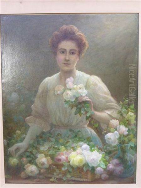 Portrait D'une Jeune Femme Tenant Des Roses Oil Painting by Marthe Elizabeth Barbaud-Kock