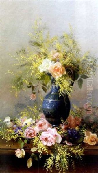 Violettes Roses Et Mimosas Oil Painting by Marthe Elizabeth Barbaud-Kock