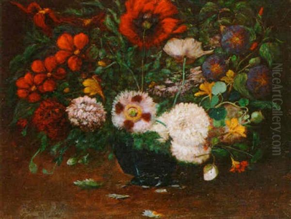 Still Life Of Flowers Displayed In A Blue Vase Oil Painting by Marthe Elizabeth Barbaud-Kock