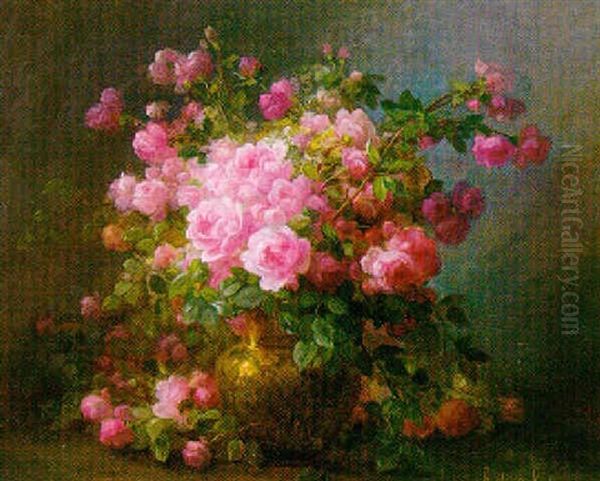 Vase De Roses Oil Painting by Marthe Elizabeth Barbaud-Kock