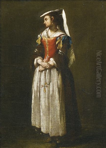 A Young Woman Dressed In Neapolitan Fashion Oil Painting by Jean Barbault