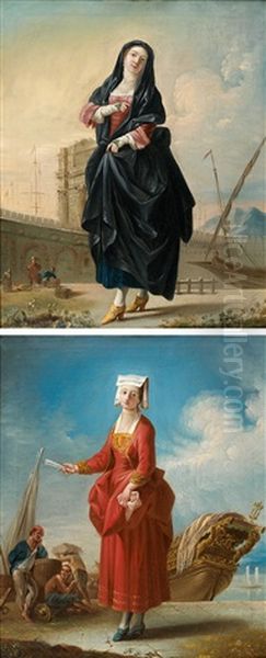 La Frascatane, La Venitienne (pair) Oil Painting by Jean Barbault