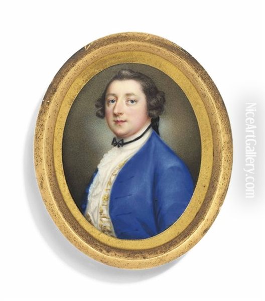 A Nobleman, In Blue Coat, Gold-embroidered White Waistcoat, Frilled White Cravat And Black Tie, Hair Worn En Queue Oil Painting by Lucius Barber