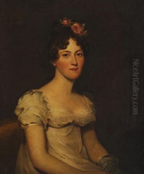 Portrait Of Anne, Daughter Of Richard Arkwright And Wife Of Sir James Wigram, 1791-1844, Seated Three-quarter Length In A White Dress With Flowers In Her Hair Turned To The Right Oil Painting by Thomas Barber