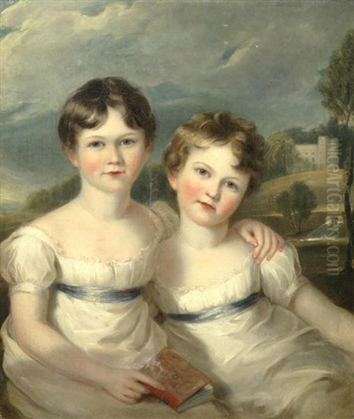 Portrait Of Two Children With A House Beyond Oil Painting by Thomas Barber