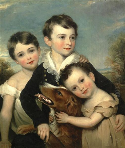 Portrait Of Three Children With Their Dog by Thomas Barber