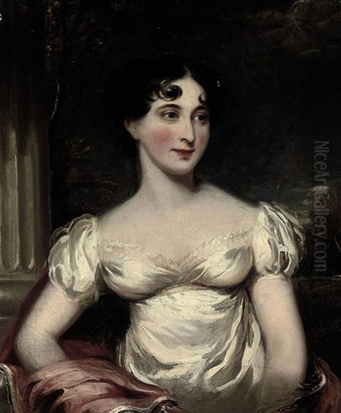 Portrait Of Catherine Burnside Of Gedling Hall, Nottinghamshire, In A White Dress Oil Painting by Thomas Barber