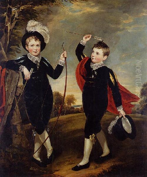 Portrait Of Two Boys Standing In A Landscape Wearing Navy Velvet Suits, Playing With Bows And Arrows Oil Painting by Thomas Barber