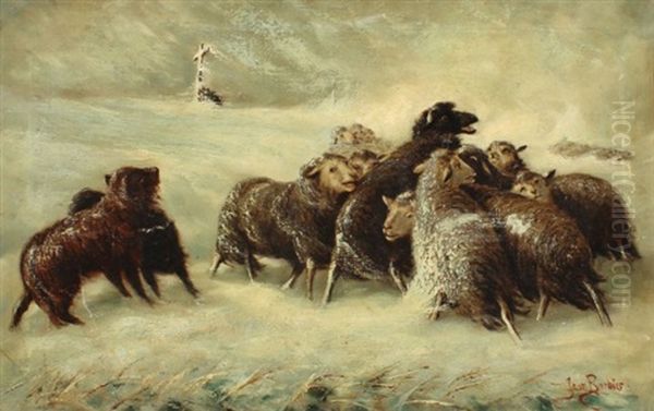 Sheep In Snowstorm Oil Painting by Jean Jacques Francois Le Barbier