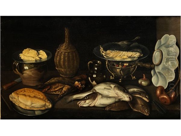 Stillleben Mit Fischen, Brot, Zwiebeln, Einer Weinflasche Und Geschirr Oil Painting by Paolo Antonio Barbieri