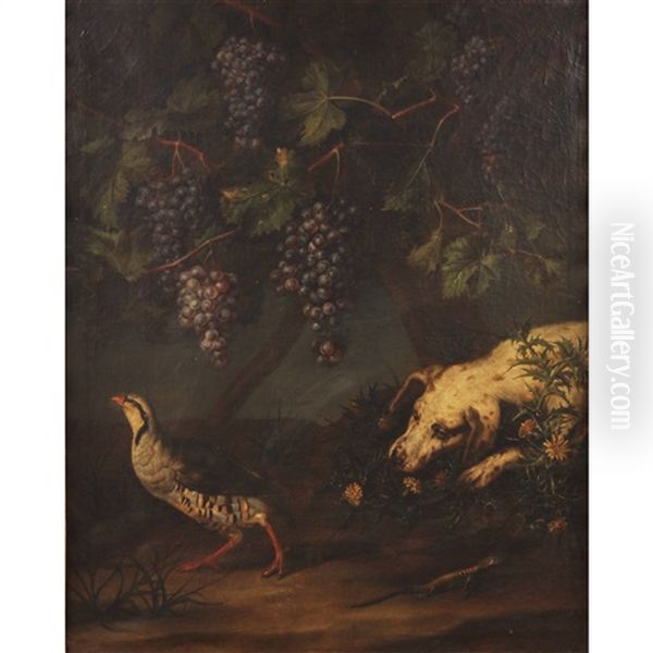 Lauernder Jagdhund Mit Steinhuhn Und Eidechse Oil Painting by Paolo Antonio Barbieri